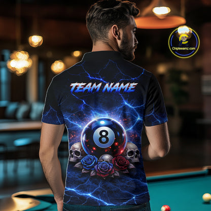 Custom Dragon Roses 8 Ball Billiard Pool Shirt For Men Thunder Blue Red Skull Team Billiard Jersey NYN3068