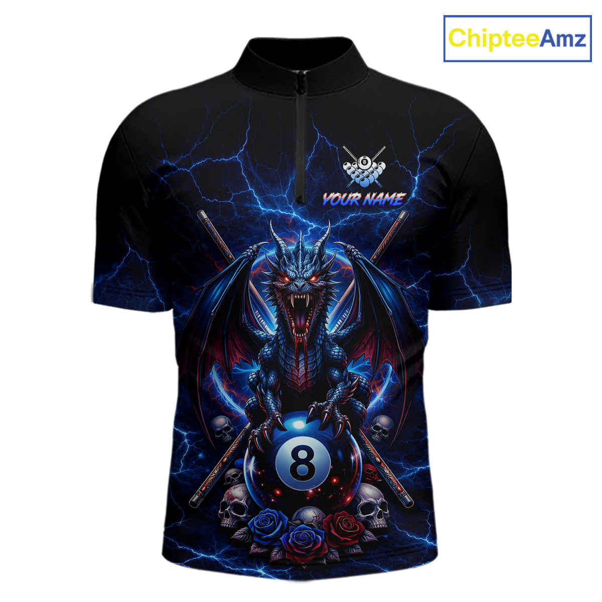Custom Dragon Roses 8 Ball Billiard Pool Shirt For Men Thunder Blue Red Skull Team Billiard Jersey NYN3068