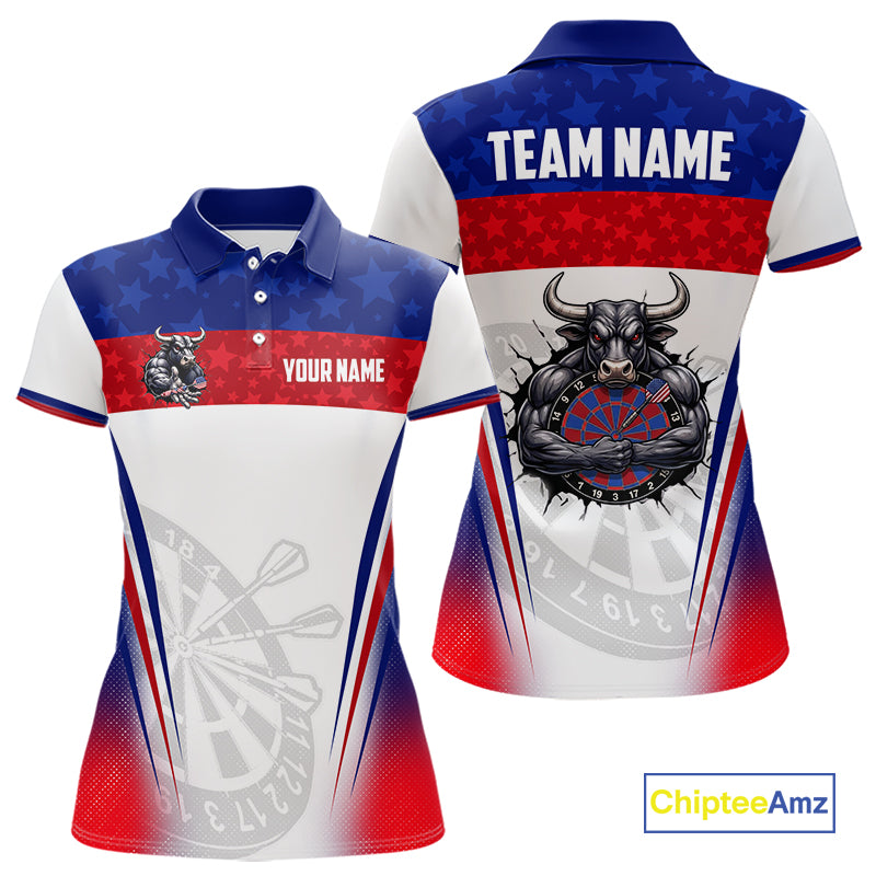 Women's funny bull American flag dart polo shirt mockup patriotic dart jersey