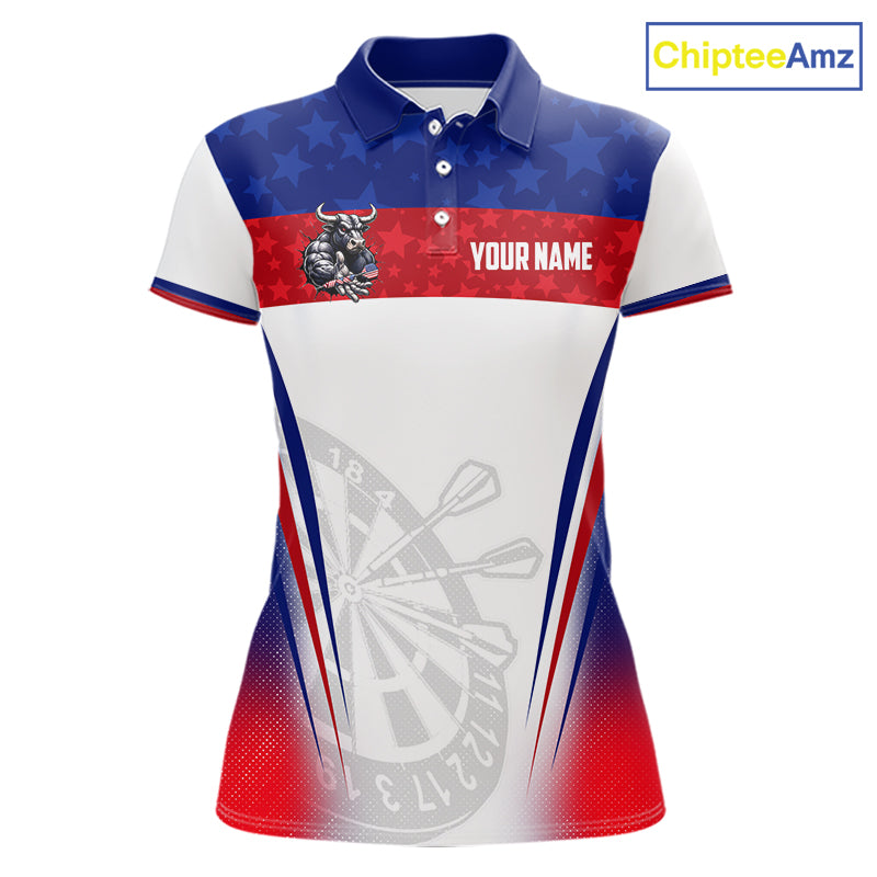 Women's funny bull American flag dart polo shirt mockup patriotic dart jersey