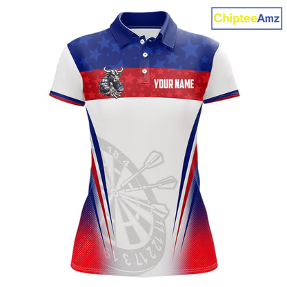 Women's funny bull American flag dart polo shirt mockup patriotic dart jersey