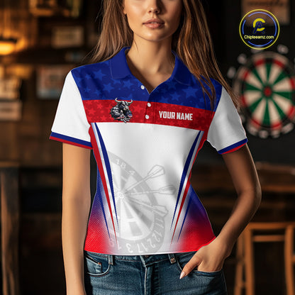 Woman wearing patriotic bull dart shirt American flag dart uniform