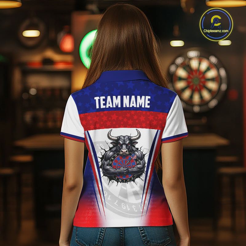 Woman wearing patriotic bull dart shirt American flag dart uniform
