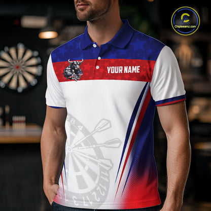 Man wearing patriotic bull dart shirt American flag dart uniform