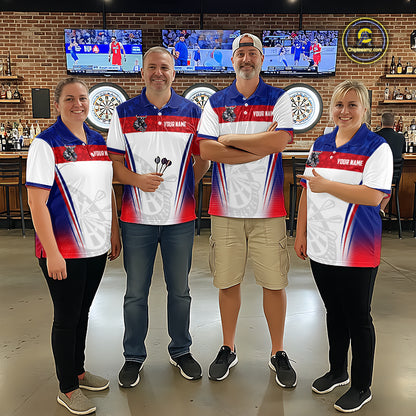 Men's dart team wearing patriotic bull American flag dart jerseys tournament apparel