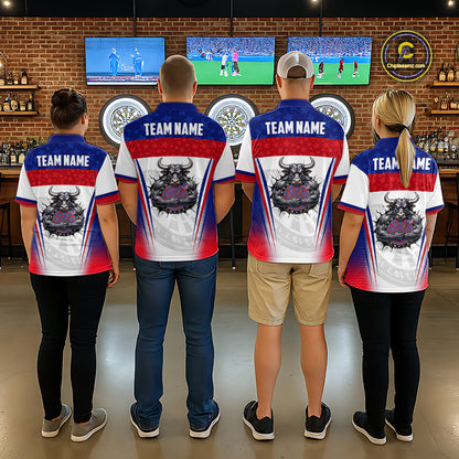 Men's dart team wearing patriotic bull American flag dart jerseys tournament apparel