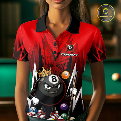 Black & Red Funny Crown 8 Ball Billiard Shirt For Women Custom 8 Ball Pool Polo & 1/4 Zip Jersey NYN3787