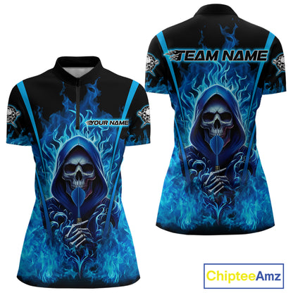Personalized Blue Flaming Grim Reaper Women Darts Quarter-Zip League Shirts Outfits Dart Jerseys NYN2208