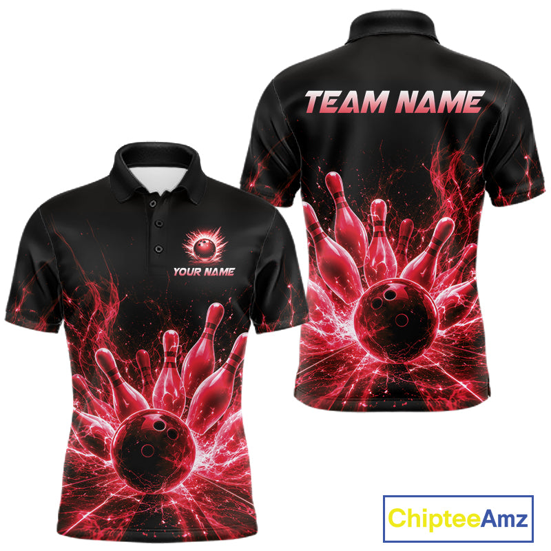 Red Flames Bowling Ball and Pins men's bowling polo shirt custom bowling team jersey, lightning bowling uniform