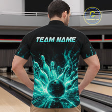 Load image into Gallery viewer, Male bowler wearing Teal Flames Bowling Ball and Pins bowling shirt during bowling league play