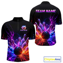 Load image into Gallery viewer, Colorful Flames Bowling Ball and Pins men's quarter zip bowling shirt personalized bowling uniform