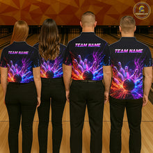 Load image into Gallery viewer, Men women bowling team wearing Colorful Flames custom bowling uniforms and league bowling jerseys