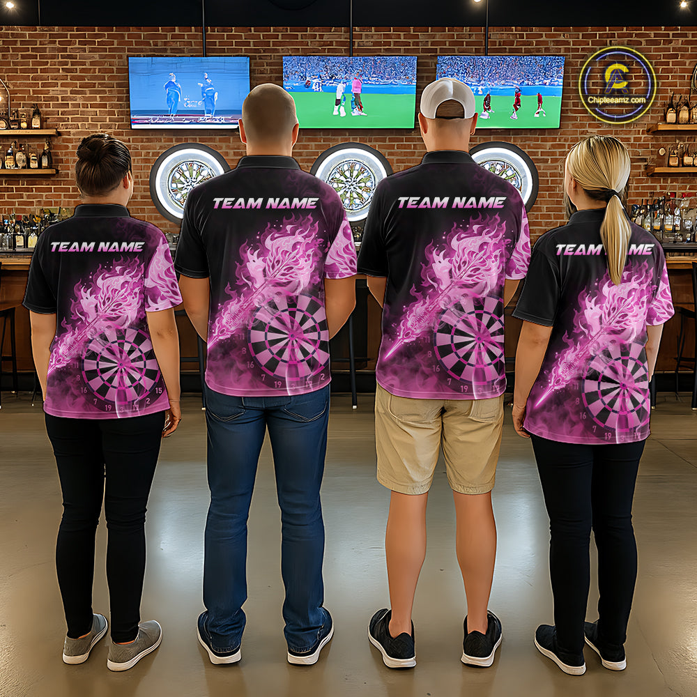 Custom Smoke Pink Fire Flaming Dart Arrow Men Darts Quarter-Zip League Shirts Dart Team Jerseys NYN2213