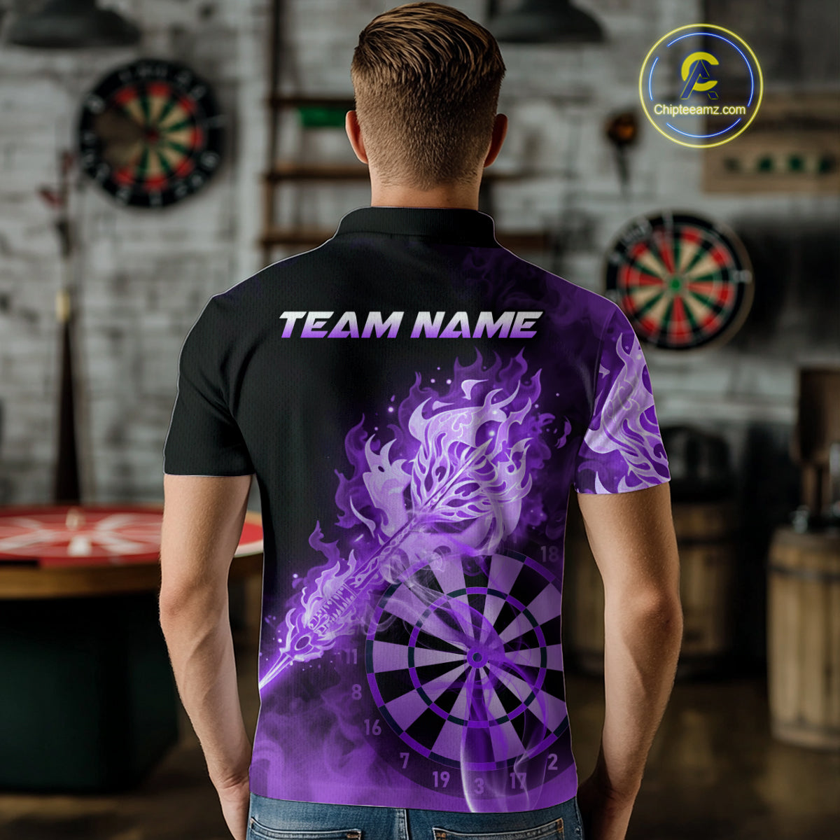Custom Smoke Purple Fire Flaming Dart Arrow Men Darts Polo League Shirts Dart Team Jerseys NYN2214