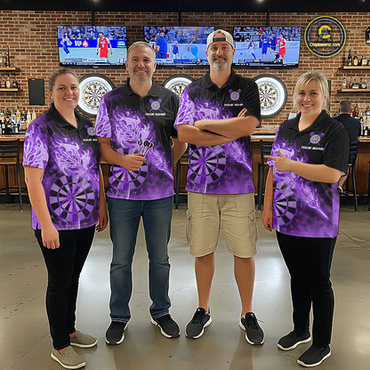 Custom Smoke Purple Fire Flaming Dart Arrow Men Darts Polo League Shirts Dart Team Jerseys NYN2214