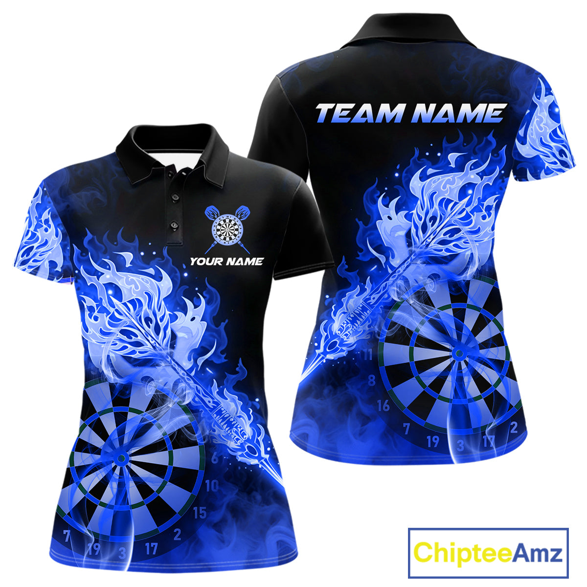 Custom Smoke Blue Fire Flaming Dart Arrow Women Darts Polo League Shirts Dart Team Jerseys NYN2215