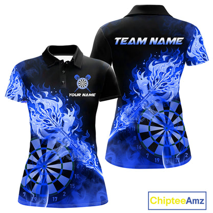 Custom Smoke Blue Fire Flaming Dart Arrow Women Darts Polo League Shirts Dart Team Jerseys NYN2215