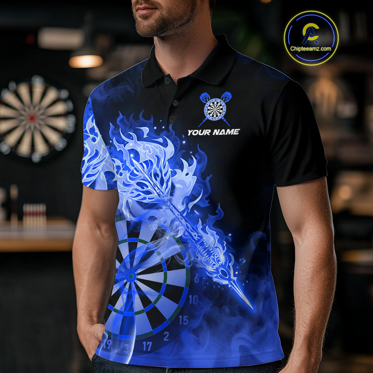 Custom Smoke Blue Fire Flaming Dart Arrow Men Darts Polo League Shirts Dart Team Jerseys NYN2215