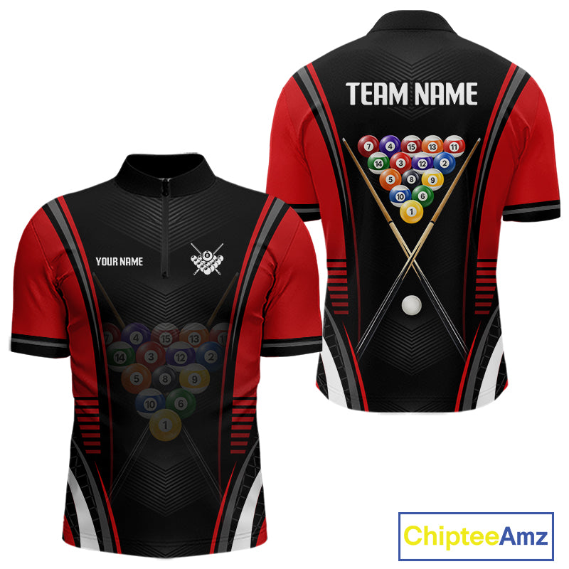 Black & Red Quarter-Zip Billiard Jersey featuring custom player name, breathable performance apparel, professional 8 Ball & 9 Ball tournament clothing, athletic billiard uniform.