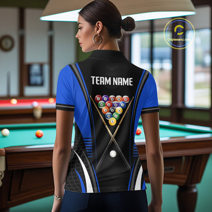 Female athlete modeling Black & Blue billiard jersey representing focus, precision, confidence, competitive sports lifestyle, personalized tournament apparel.