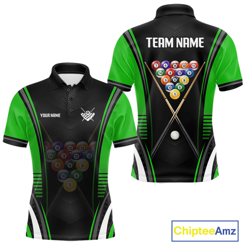 Black & Green Billiard Polo with personalized team graphics, breathable pool tournament shirt, custom billiard apparel, league-ready sportswear.