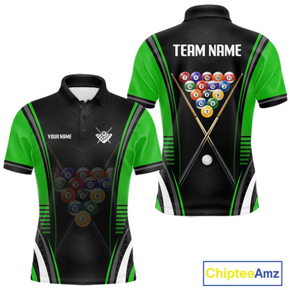 Black & Green Billiard Polo with personalized team graphics, breathable pool tournament shirt, custom billiard apparel, league-ready sportswear.