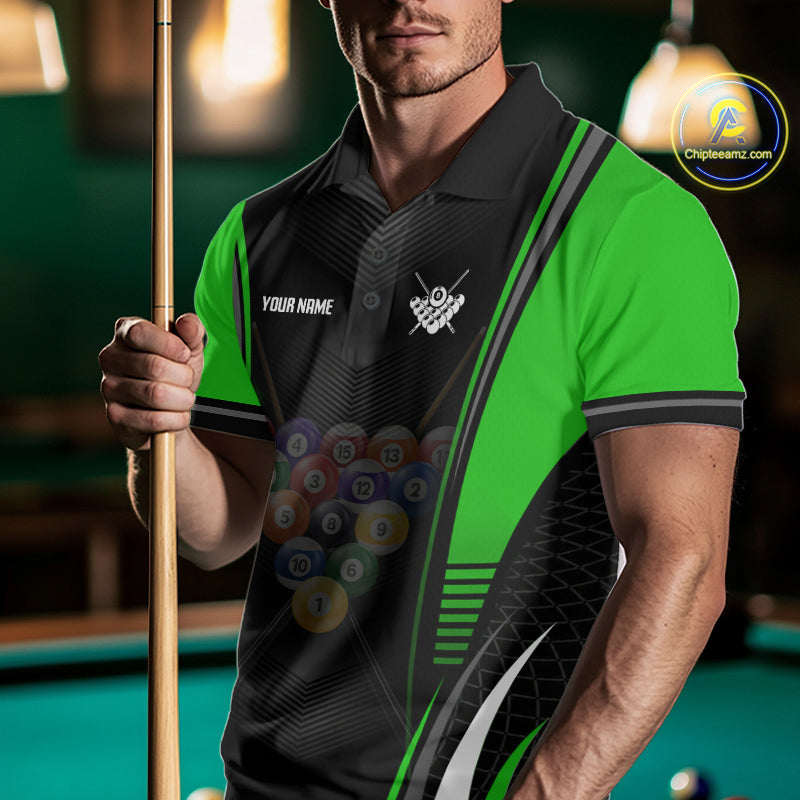 Male player modeling Black & Green pool shirt featuring championship style, leadership symbolism, personalized cue sports fashion.