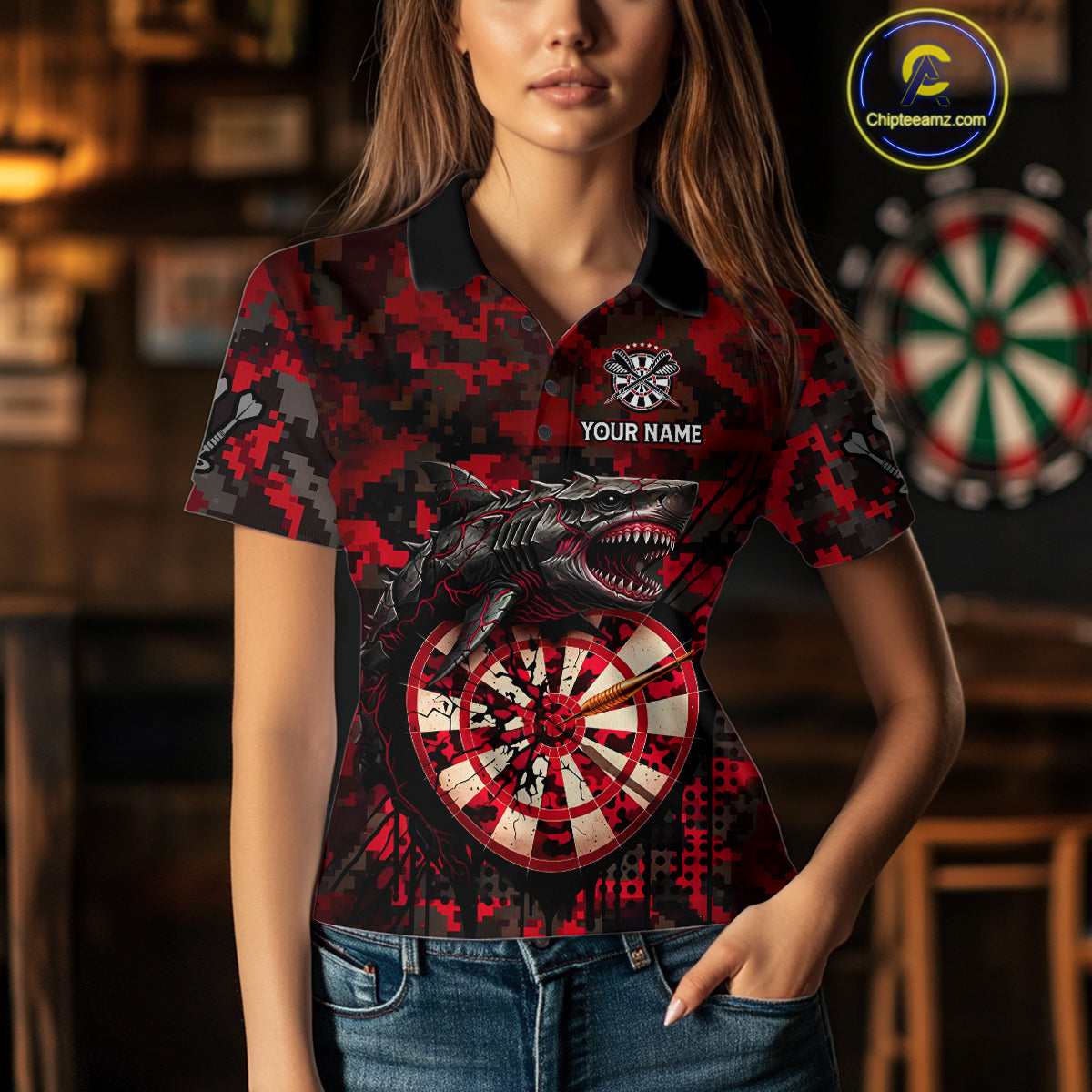 Custom Red Digital Camo Dartboard Horror Shark Darts Polo Shirt For Women Dart Gifts NYN1965