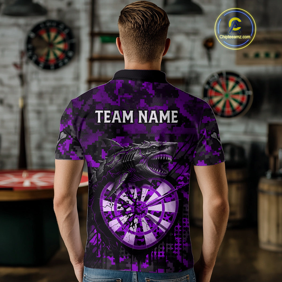 Custom Purple Digital Camo Dartboard Horror Shark Darts Polo Shirt For Men Dart Gifts NYN1967