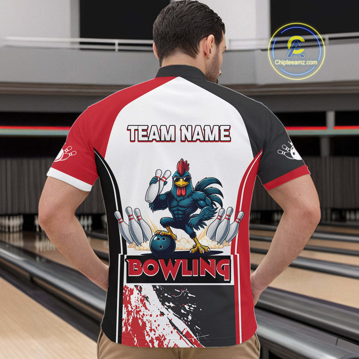 Personalized Funny Rooster Bowling Polo & 1/4-Zip Shirts For Men Splatter Bowling Team Jersey NYN2725