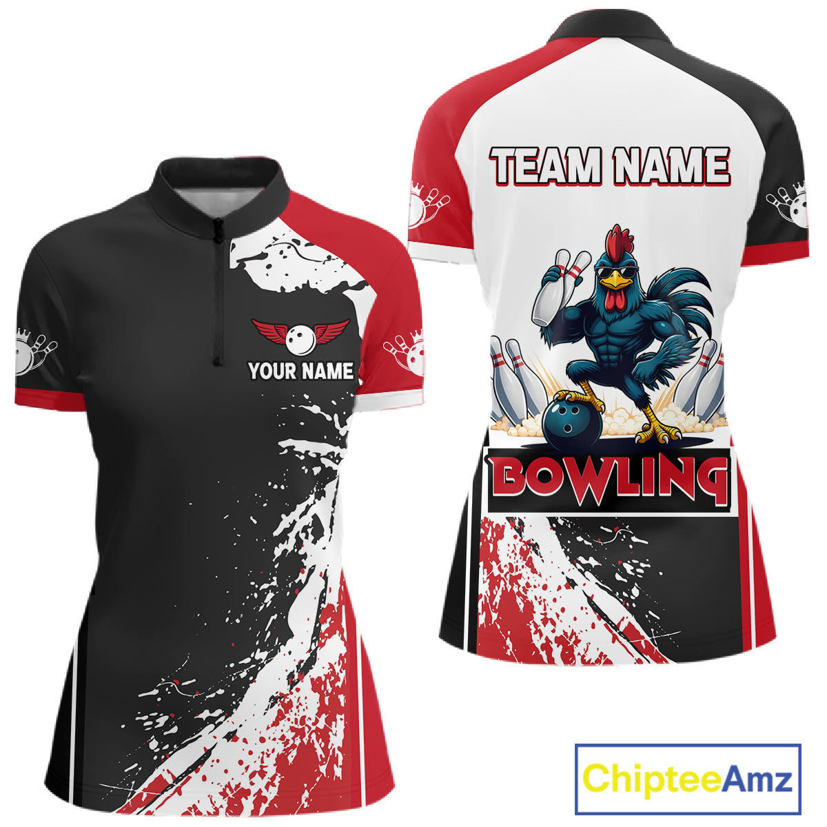 Personalized Funny Rooster Bowling Polo & 1/4-Zip Shirts For Women Splatter Bowling Team Jersey NYN2725