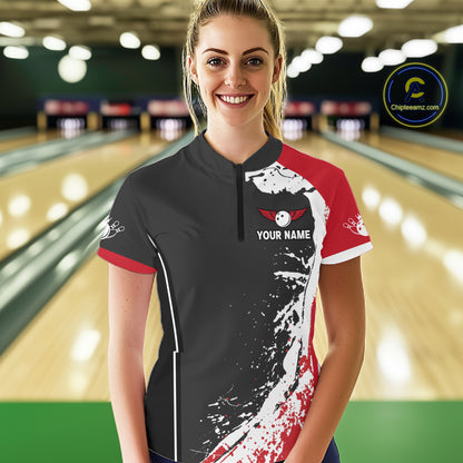 Personalized Funny Rooster Bowling Polo & 1/4-Zip Shirts For Women Splatter Bowling Team Jersey NYN2725