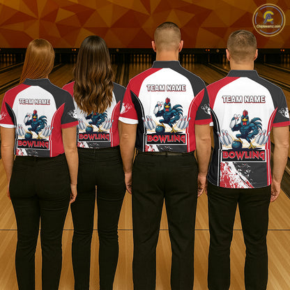 Personalized Funny Rooster Bowling Polo & 1/4-Zip Shirts For Women Splatter Bowling Team Jersey NYN2725