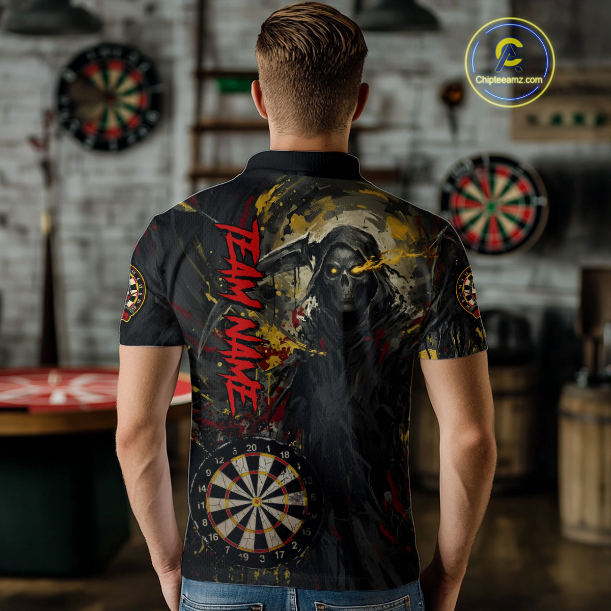 Custom Red Yellow Splatter Grim Reaper Men Darts Polo Shirt Cracked Dart Jerseys NYN1980