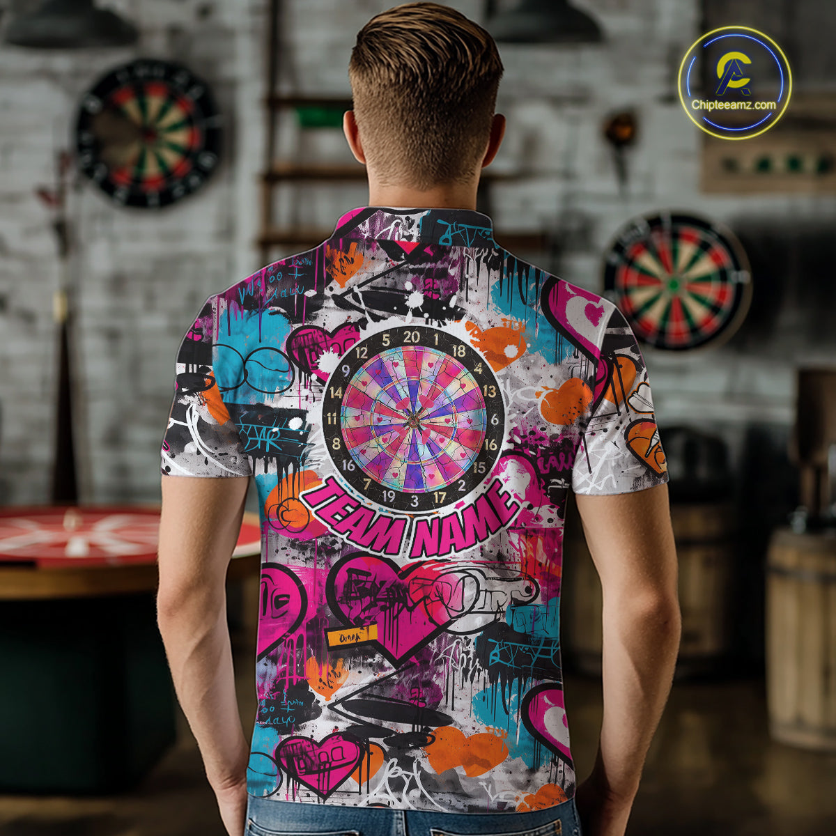 Colorful Heart Graffiti Dartboard Men Darts Polo Shirt Custom Couple Dart Valentine Jerseys NYN2528