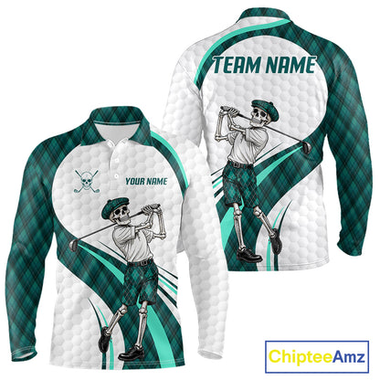 Custom Skeleton Golfer Golf Polo Shirts For Men Teal Argyle Pattern Golf Team Clothing NYN3265