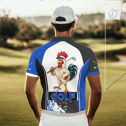 Men's model wearing Funny Rooster Golf Polo Shirt, country golf apparel, rooster mascot sportswear, personalized golf outfit, custom golf team fashion.
