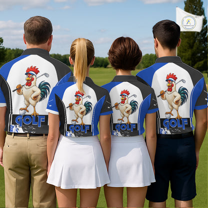 Golf team wearing matching Funny Rooster Golf Polo Shirts, personalized golf club uniforms, rooster mascot team apparel, golf tournament shirts, farmhouse golf clothing, funny golf outing jerseys.