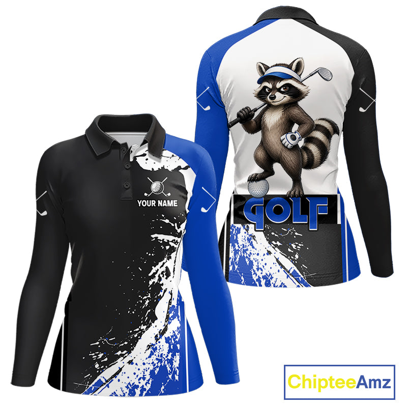 Funny Raccoon Women's Golf Polo Shirt mockup with blue splatter artwork, personalized golf polo, custom golf team apparel, wildlife golf clothing, breathable golf shirt, golf tournament uniform.