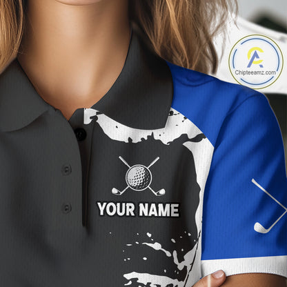 Women's model wearing Funny Raccoon Golf Polo Shirt, woodland golf apparel, raccoon mascot golf fashion, personalized golf outfit, custom golf team clothing.