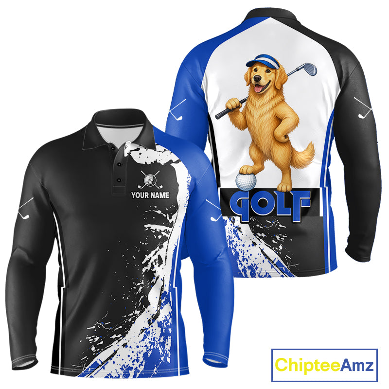Funny Golden Retriever Men's Golf Polo Shirt mockup featuring blue splatter dog design, personalized golf apparel, custom golf team polo, pet lover golf clothing.