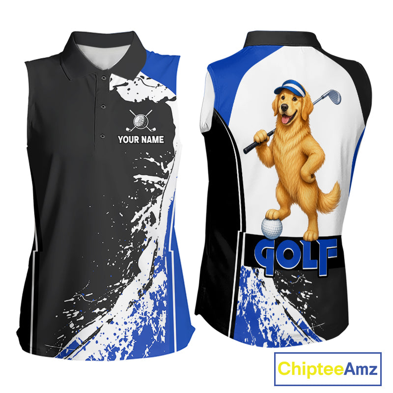 Funny Golden Retriever Golfer Women's Sleeveless Golf Polo mockup featuring blue splatter dog design, personalized golf apparel, custom golf team shirt, dog lover golf clothing, pet golf fashion, performance sleeveless polo.