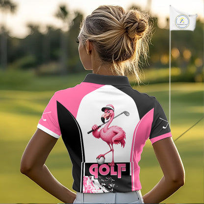 Women's model wearing Funny Flamingo Golf Polo Shirt, tropical golf fashion, summer golf apparel, personalized golf outfit, flamingo sportswear, custom golf team clothing.