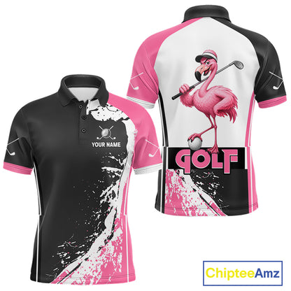 Funny Flamingo Men's Golf Polo Shirt mockup featuring tropical flamingo design, personalized golf apparel, custom golf polo, beach golf clothing, performance sportswear.