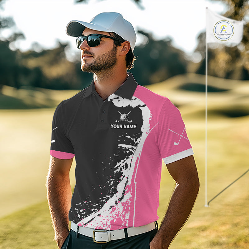 Men's model wearing Funny Flamingo Golf Polo Shirt, tropical golf outfit, personalized golf apparel, summer golf fashion, custom golf clothing.