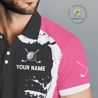 Men's model wearing Funny Flamingo Golf Polo Shirt, tropical golf outfit, personalized golf apparel, summer golf fashion, custom golf clothing.