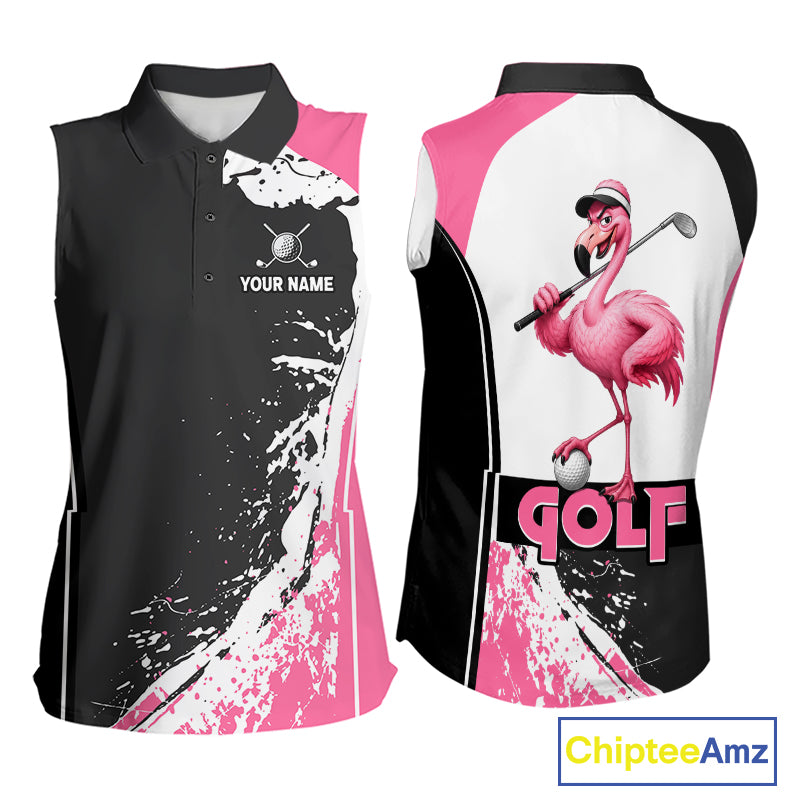 Funny Flamingo Golfer Women's Sleeveless Golf Polo mockup featuring pink splatter flamingo mascot, personalized golf apparel, tropical golf clothing, custom golf team polo, summer golf fashion, performance sleeveless shirt.