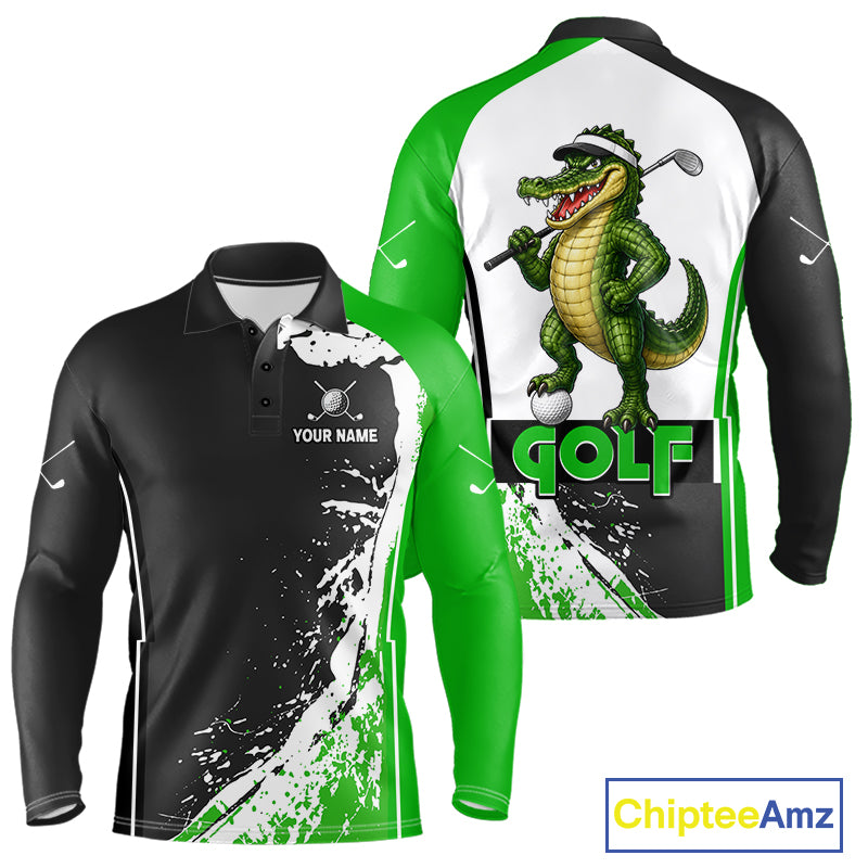 Funny Alligator Men's Golf Polo Shirt mockup featuring green splatter alligator design, personalized golf apparel, custom golf team polo, wildlife golf clothing.