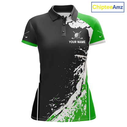 Funny Alligator Women's Golf Polo Shirt mockup with green splatter design, personalized golf polo, wildlife golf apparel, custom golf team clothing, breathable golf tournament shirt.