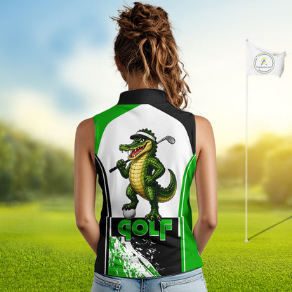Women's model wearing Funny Alligator Golf Polo Shirt, Florida golf apparel, alligator mascot sportswear, personalized golf clothing, custom golf team fashion.